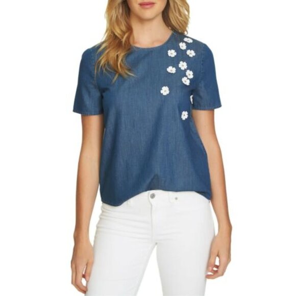 CeCe by Cynthia Steffe Tops - Nordstrom Cece Cynthia Steffe Denim Blouse Embroidered Floral Applique Women's M